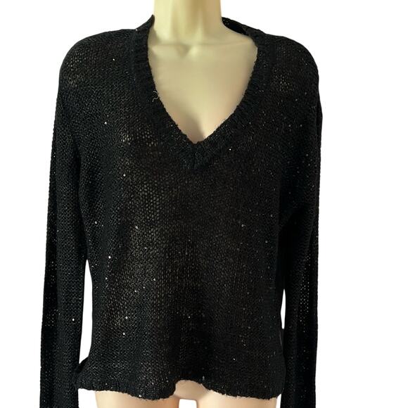 RDI Sparkly Sweater Black Size Small Chiffon Back V-Neck Sequins - Picture 1 of 9
